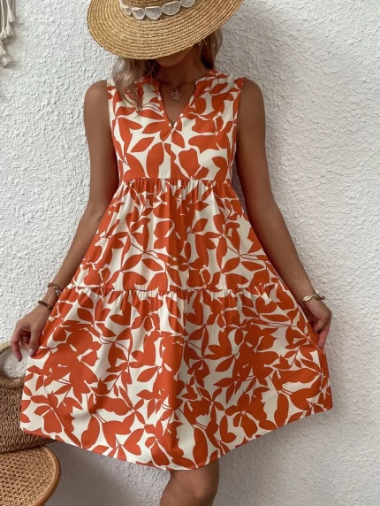 Women's Casual Floral Sleeveless V Neck Ruffle Smocked Tunic Summer Short Dress