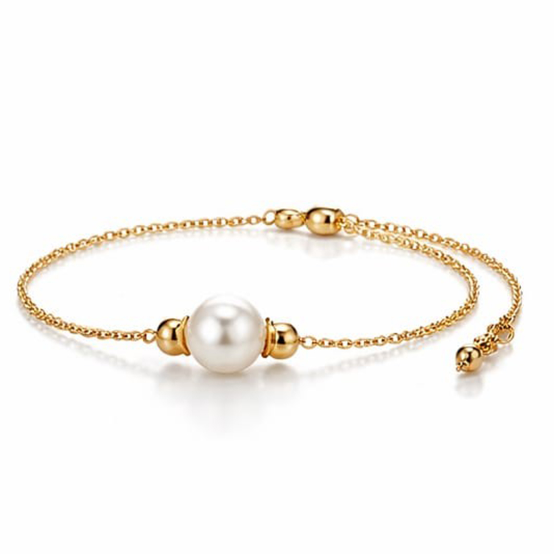 Stainless steel (gold plated) chain bracelet with 10mm shell pearl and slider clasp